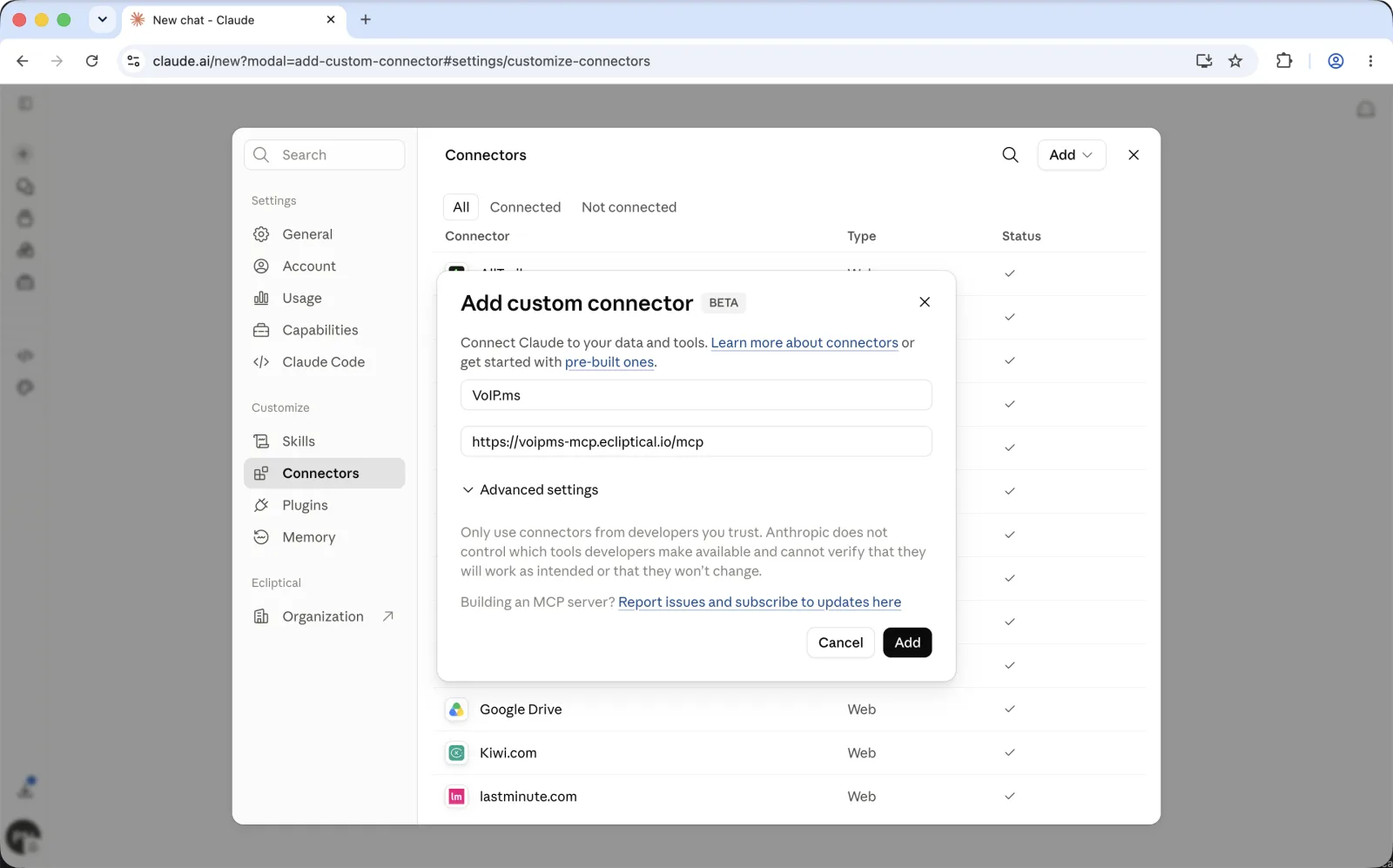Claude's Add custom connector dialog in a browser, with VoIP.ms and the MCP server URL filled in.