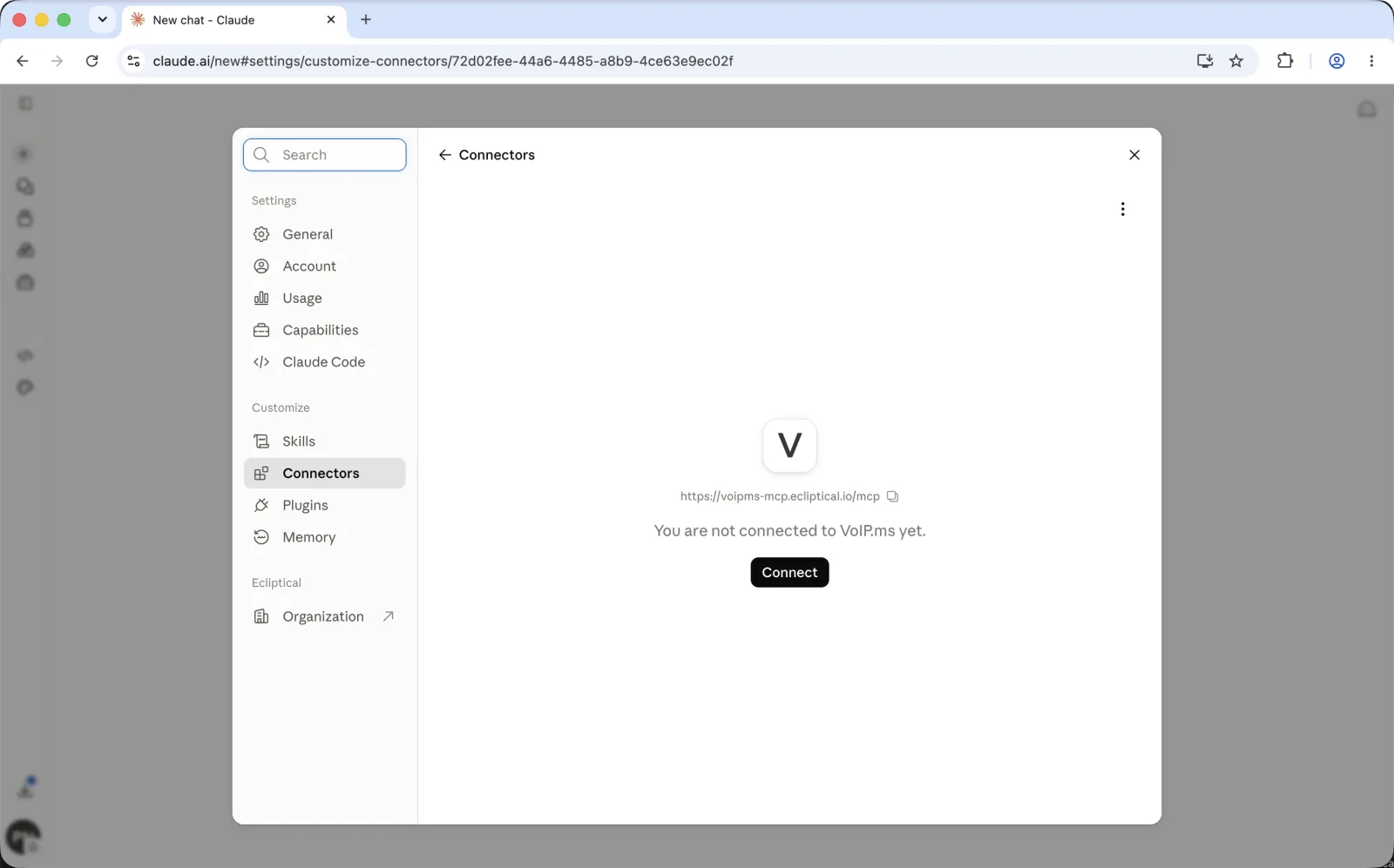 Claude's connector detail for VoIP.ms in a browser, showing the server URL and a Connect button.