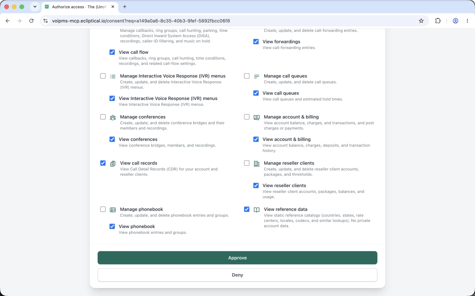 The bottom of the VoIP.ms consent screen, with Approve and Deny buttons.