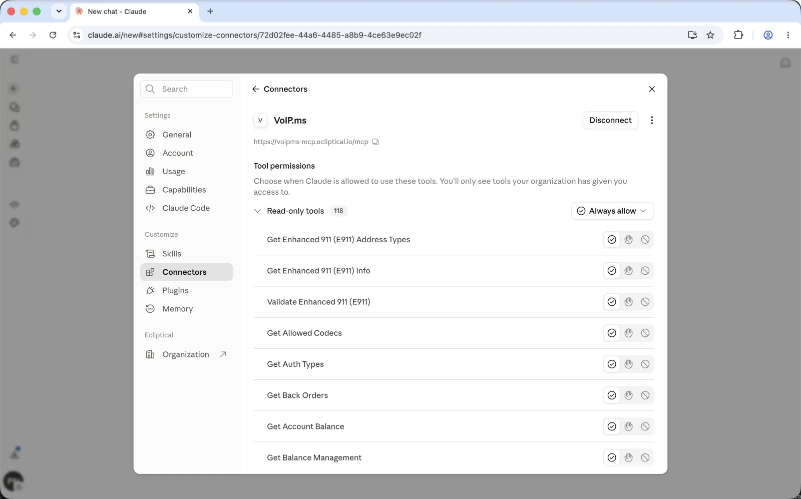 Claude's connected VoIP.ms detail in a browser, listing per-tool permissions.