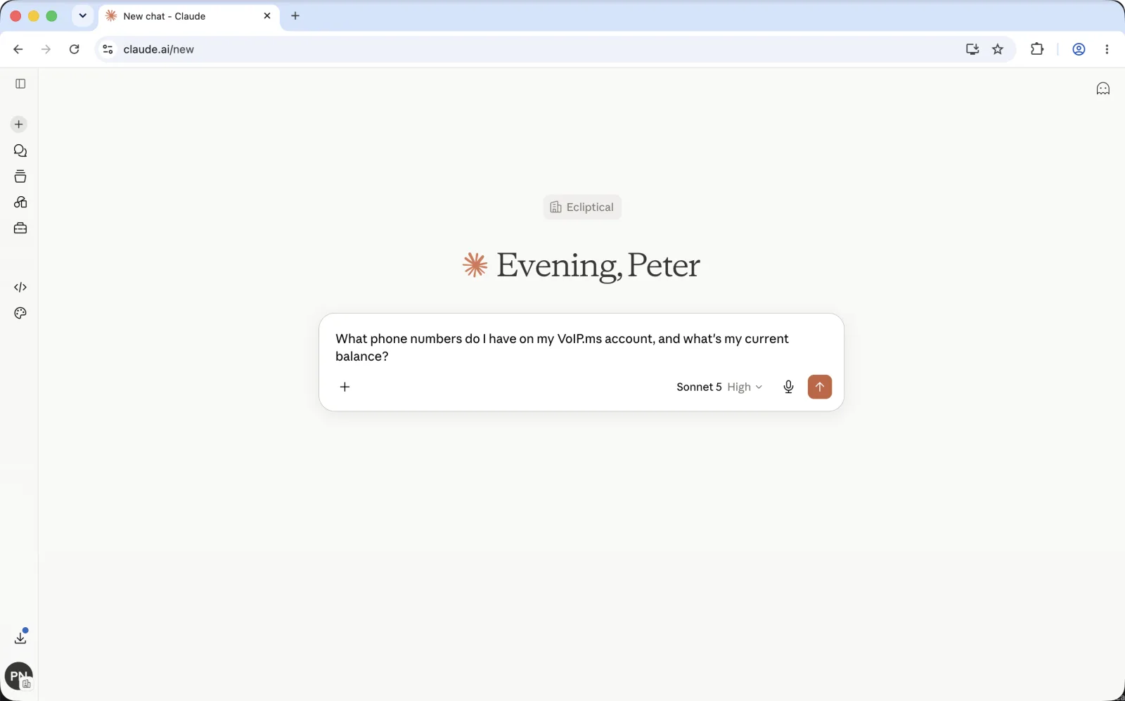 A new Claude chat in a browser with a question about the VoIP.ms account typed in the composer.