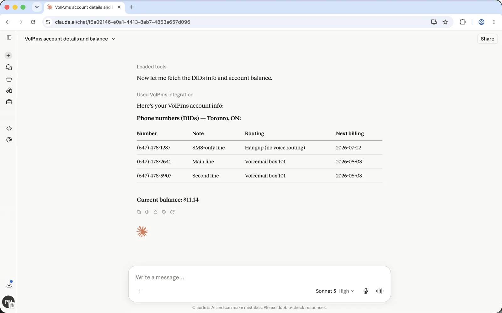 Claude in a browser answering the question, showing the account's phone numbers and balance from live VoIP.ms tools.